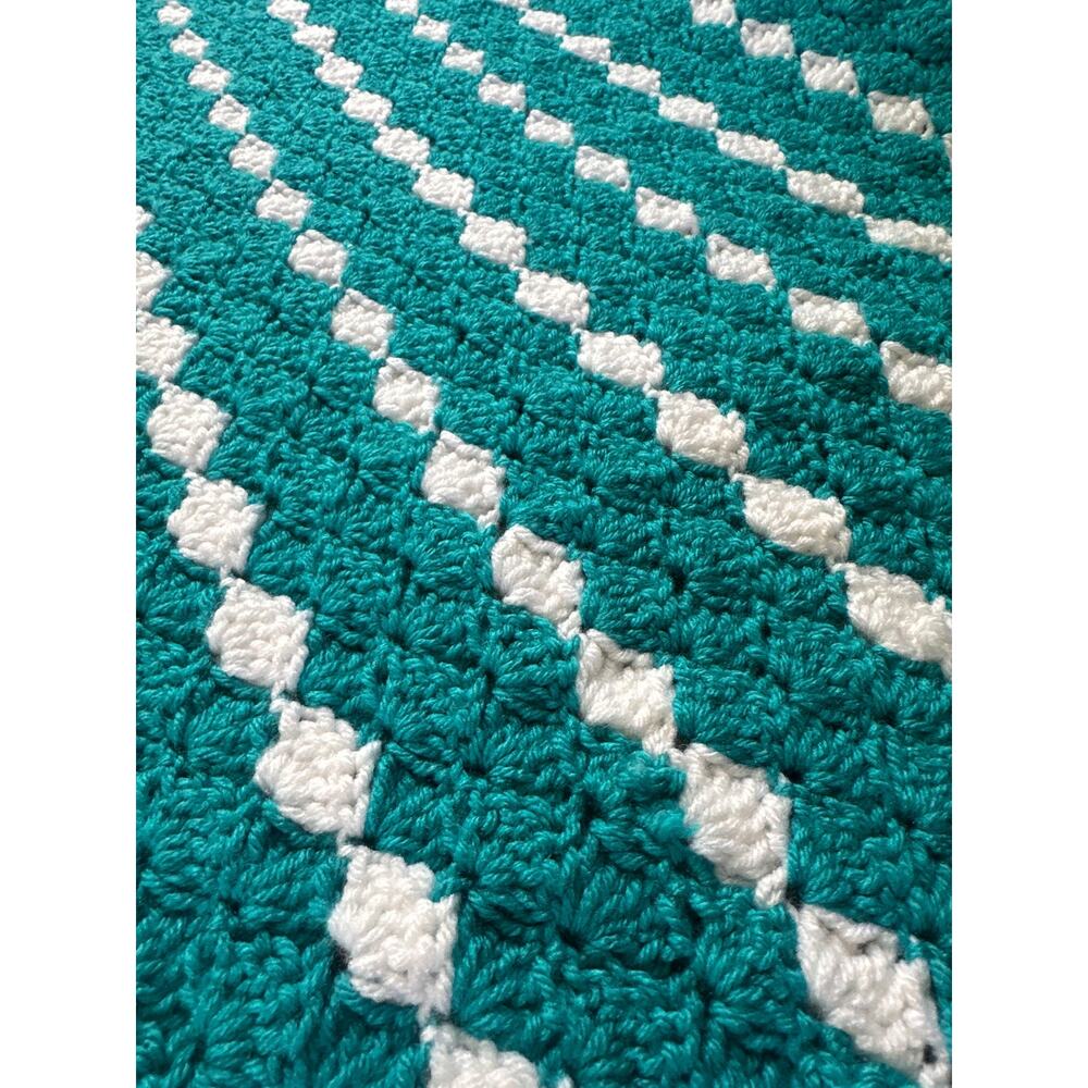 Handmade afghan crochet granny blanket teal turquoise and white stripe scalloped